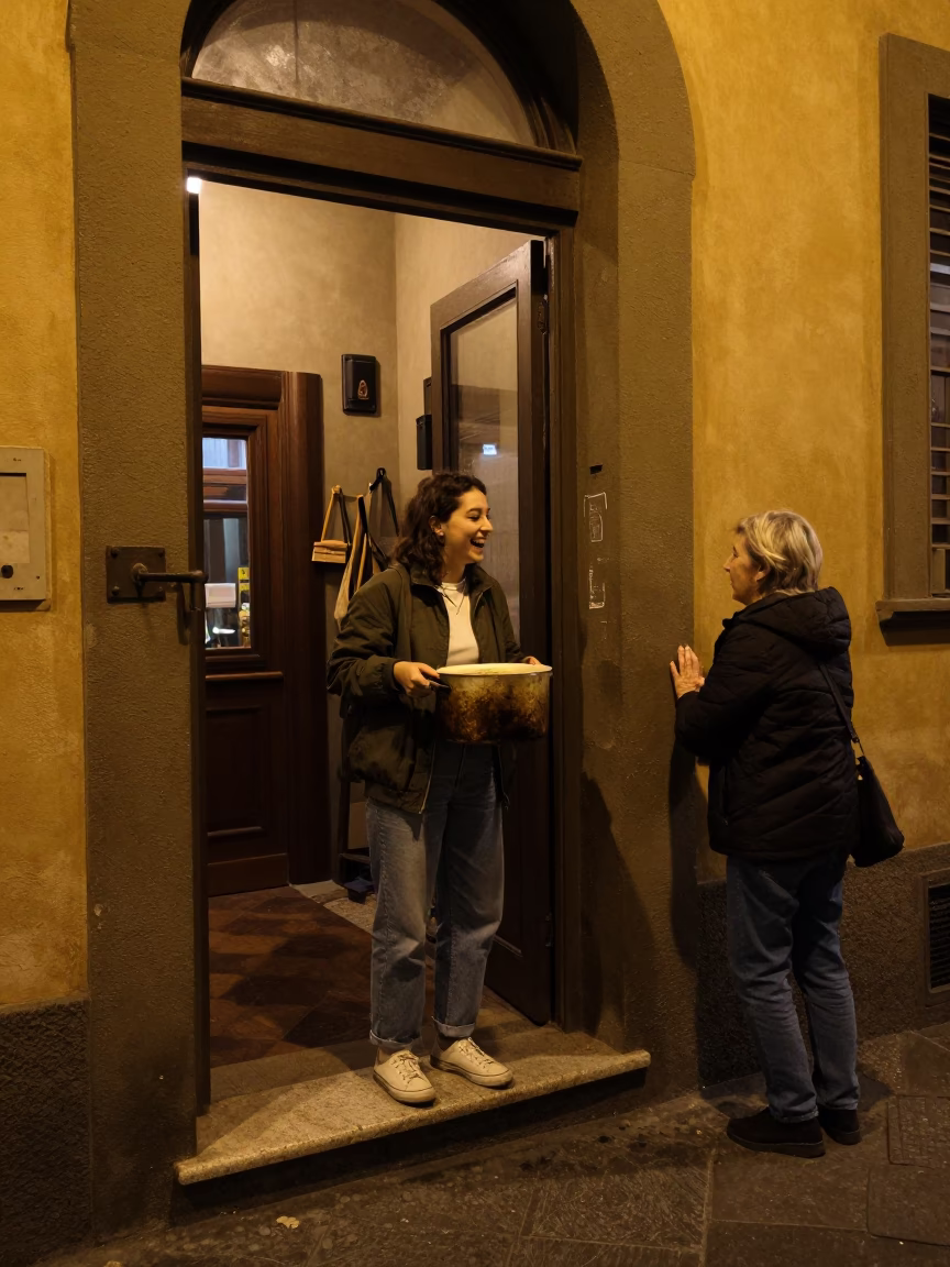 Late Night Bologna Street Scene with Iron Deadbolt and Cooking Pot in in Bologna, Italy