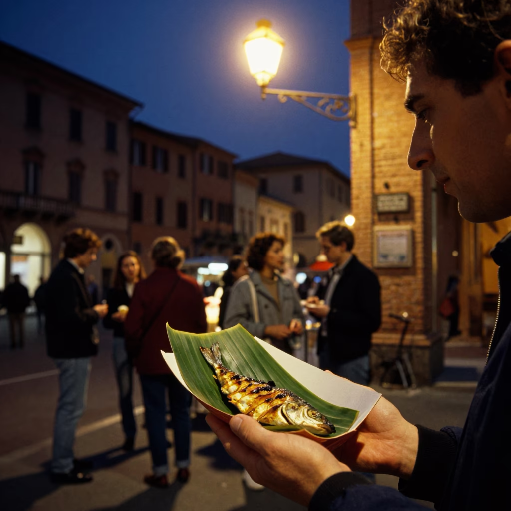 Late Night Bologna Street Scene with Local Street Food and Historic Architecture in in Bologna, Italy