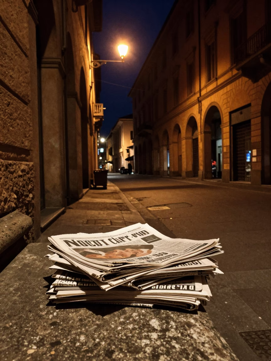 Late Night Bologna Street Scene with Newspaper Stack and Urban Details in in Bologna, Italy