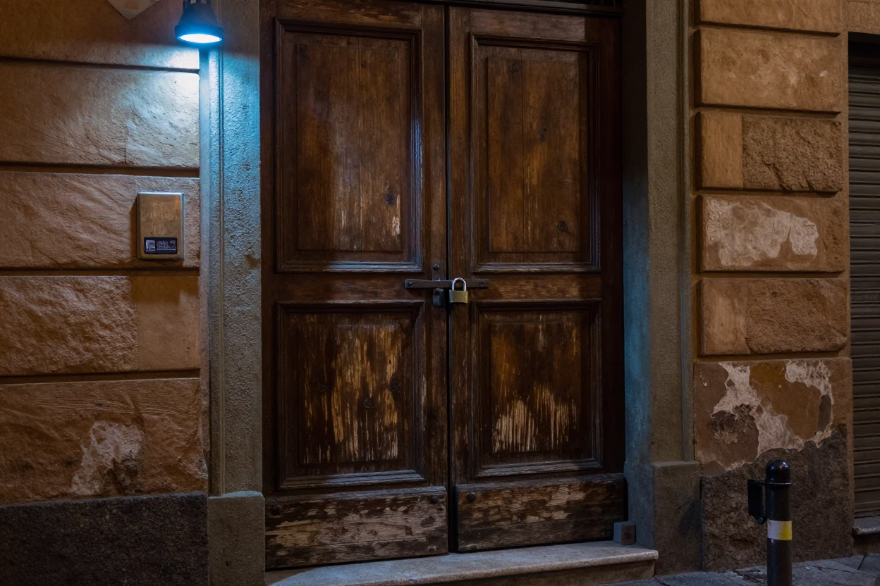 Late Night Bologna Street Scene with Padlock on Historic Doorway in in Bologna, Italy