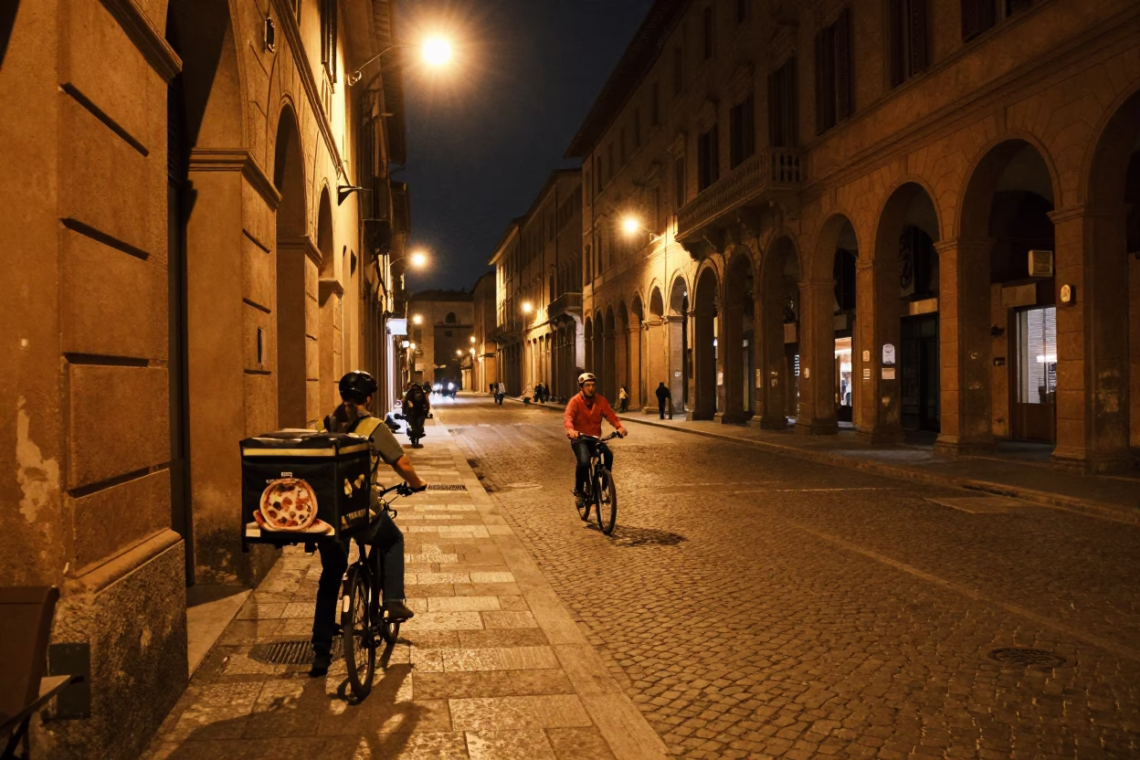 Late Night Bologna Street Scene with Pizza Delivery and Urban Details in in Bologna, Italy