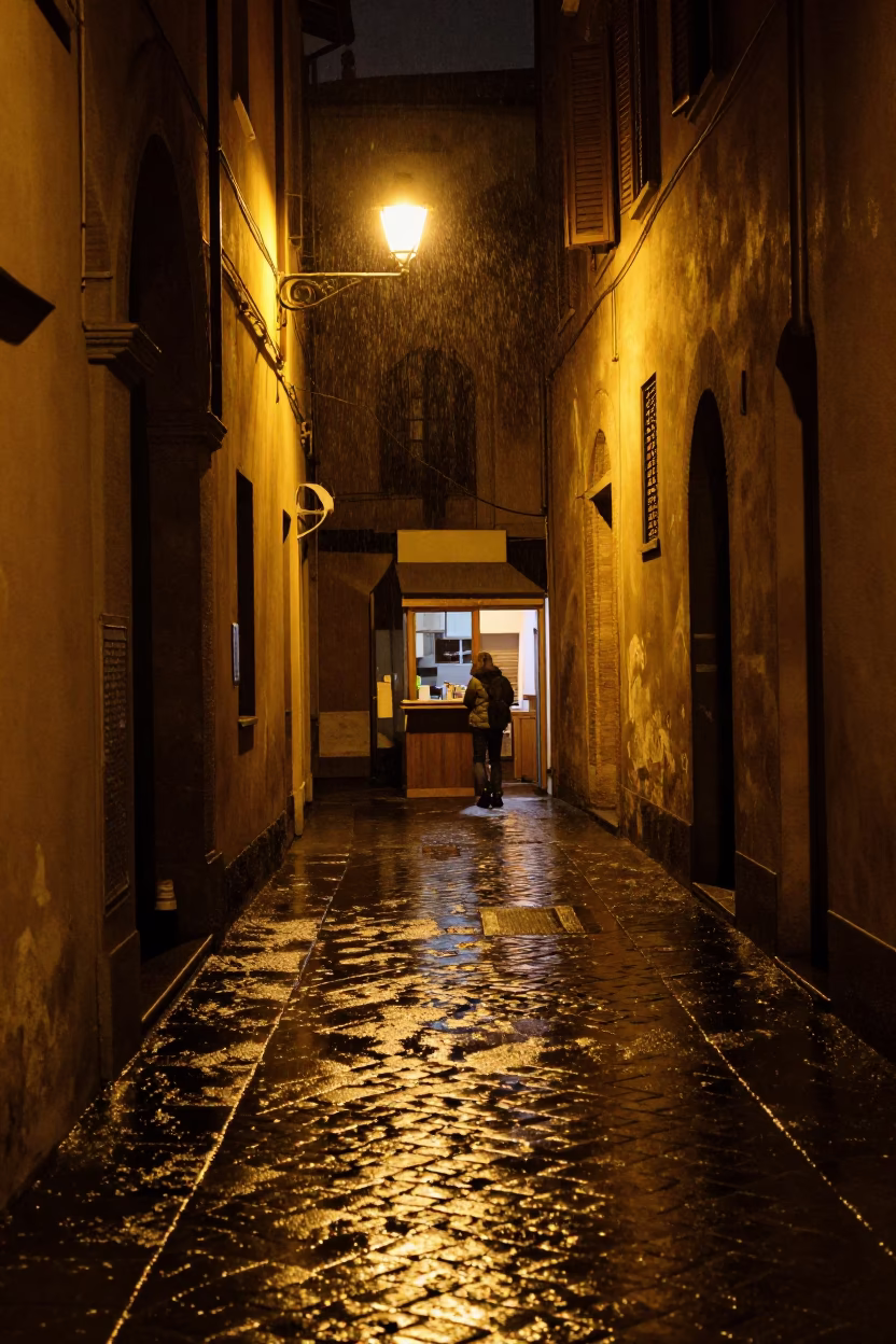 Late Night Bologna Street Scene with Rainwater and Kitchen Utensils in in Bologna, Italy