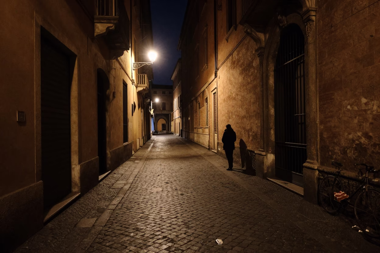 Late Night Bologna Street Scene with Safety Razor and Urban Shadows in in Bologna, Italy