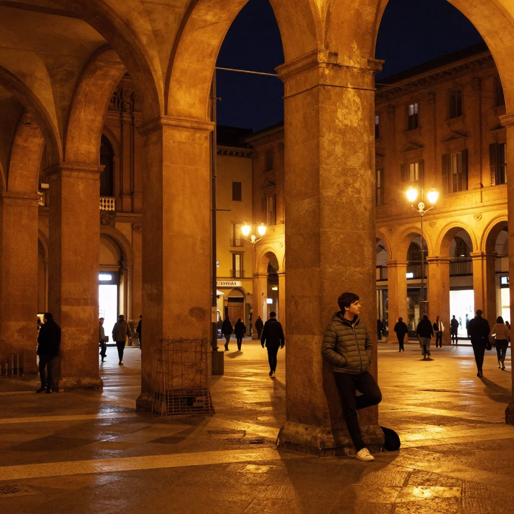 Late Night Bologna Street Scene with Sodium Lights and Urban Life in in Bologna, Italy