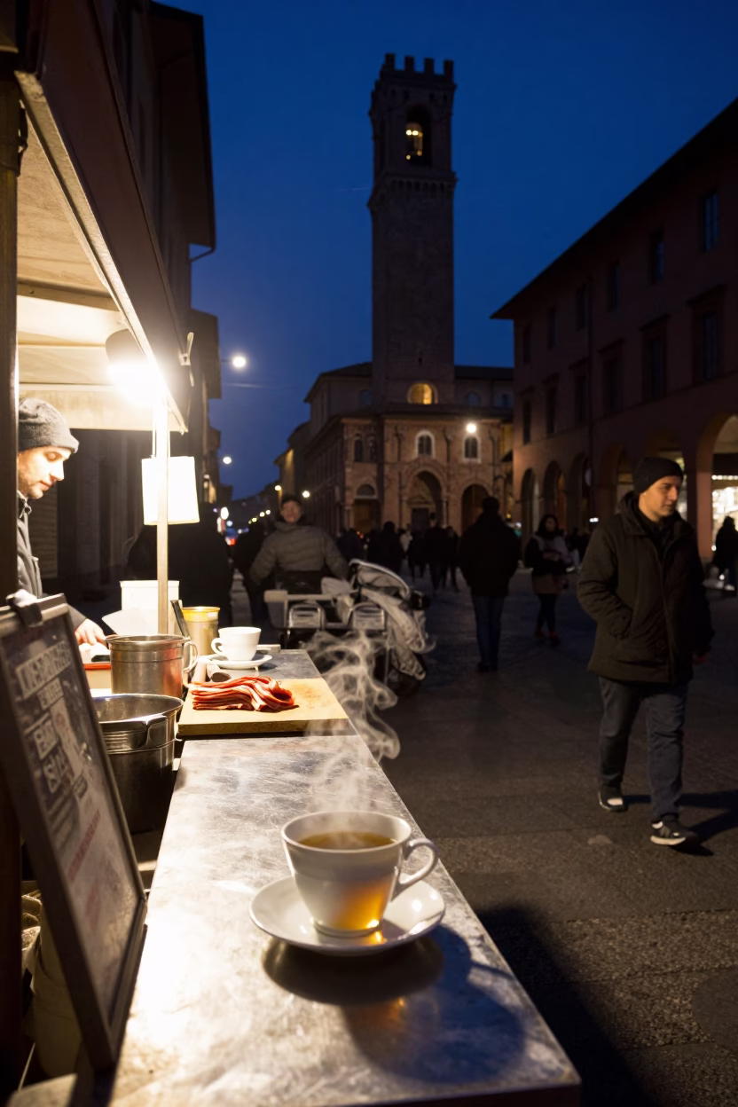 Late Night Bologna Street Scene with Steaming Genmaicha Tea and Wax Seal on Cobblestone in in Bologna, Italy