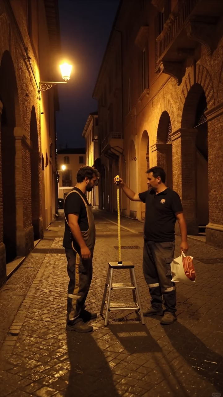 Late Night Bologna Street Scene with Step Stool and Measuring Tape Near Historic Porticoes in in Bologna, Italy