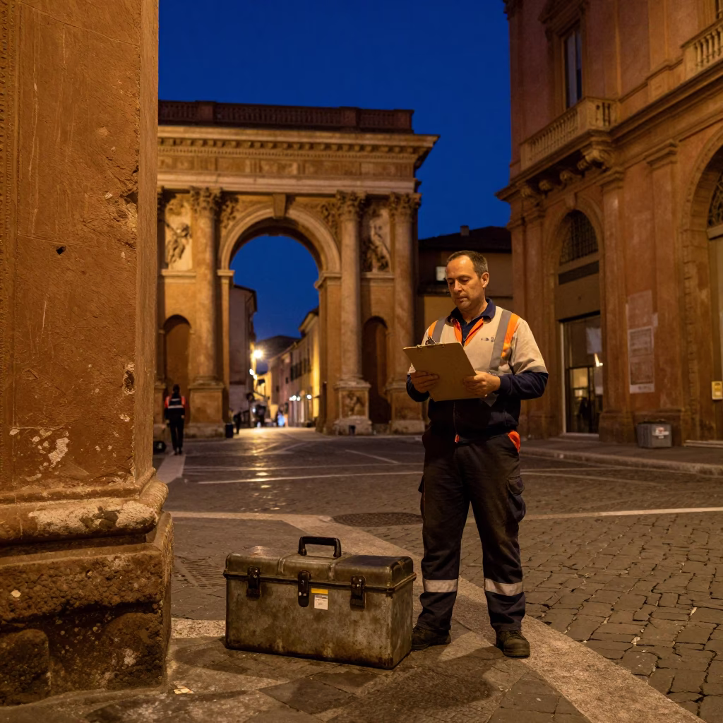 Late Night Bologna Street Scene with Toolbox and Clipboard Near Historic Archway in in Bologna, Italy