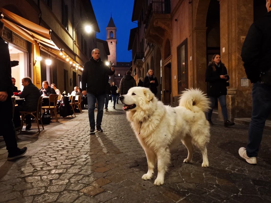 Late Night Bologna Street Scene with Tornjak Dog and Local Interaction in in Bologna, Italy