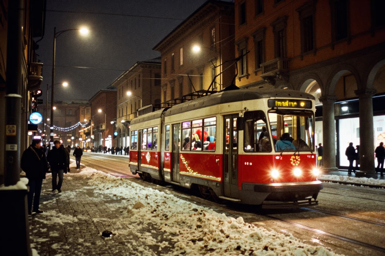 Late Night Bologna Street Scene with Tram and Neon Lights at Midnight in in Bologna, Italy