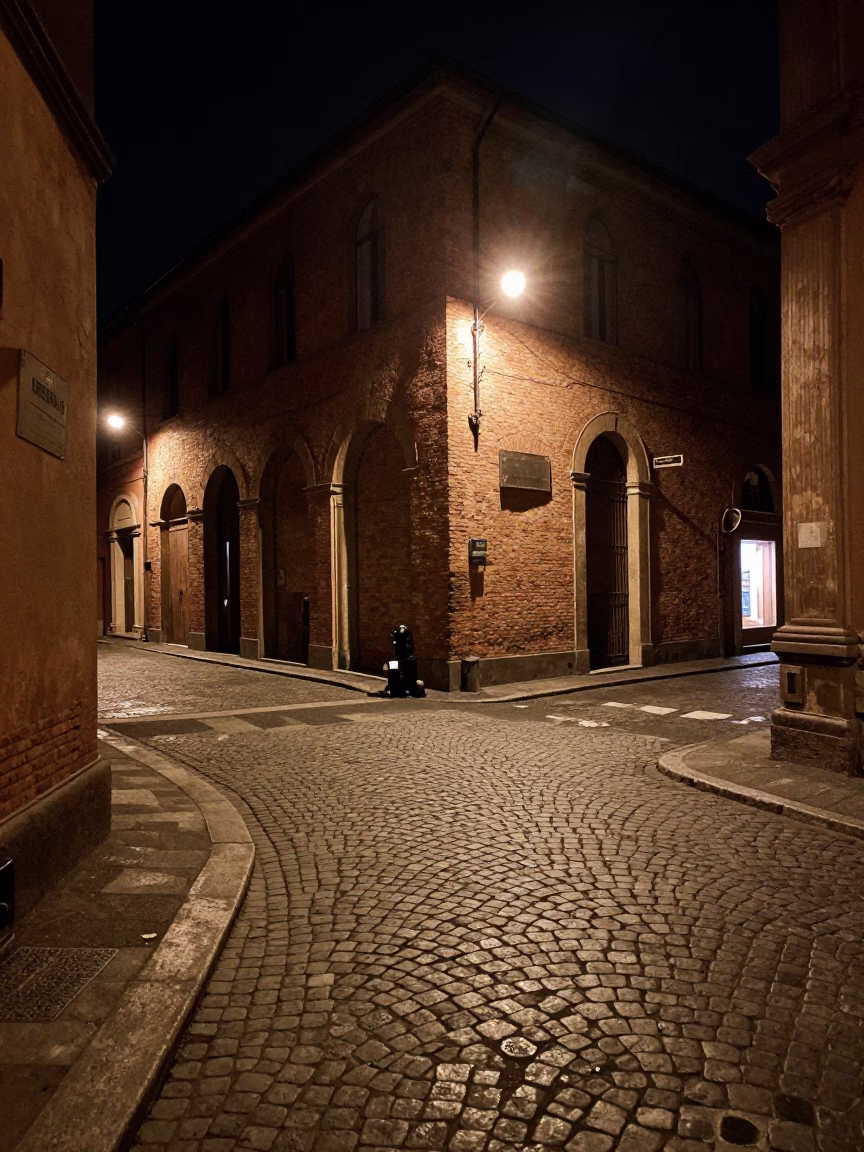Late Night Bologna Street Scene with Vintage 1970s Aesthetic and Urban Details in in Bologna, Italy