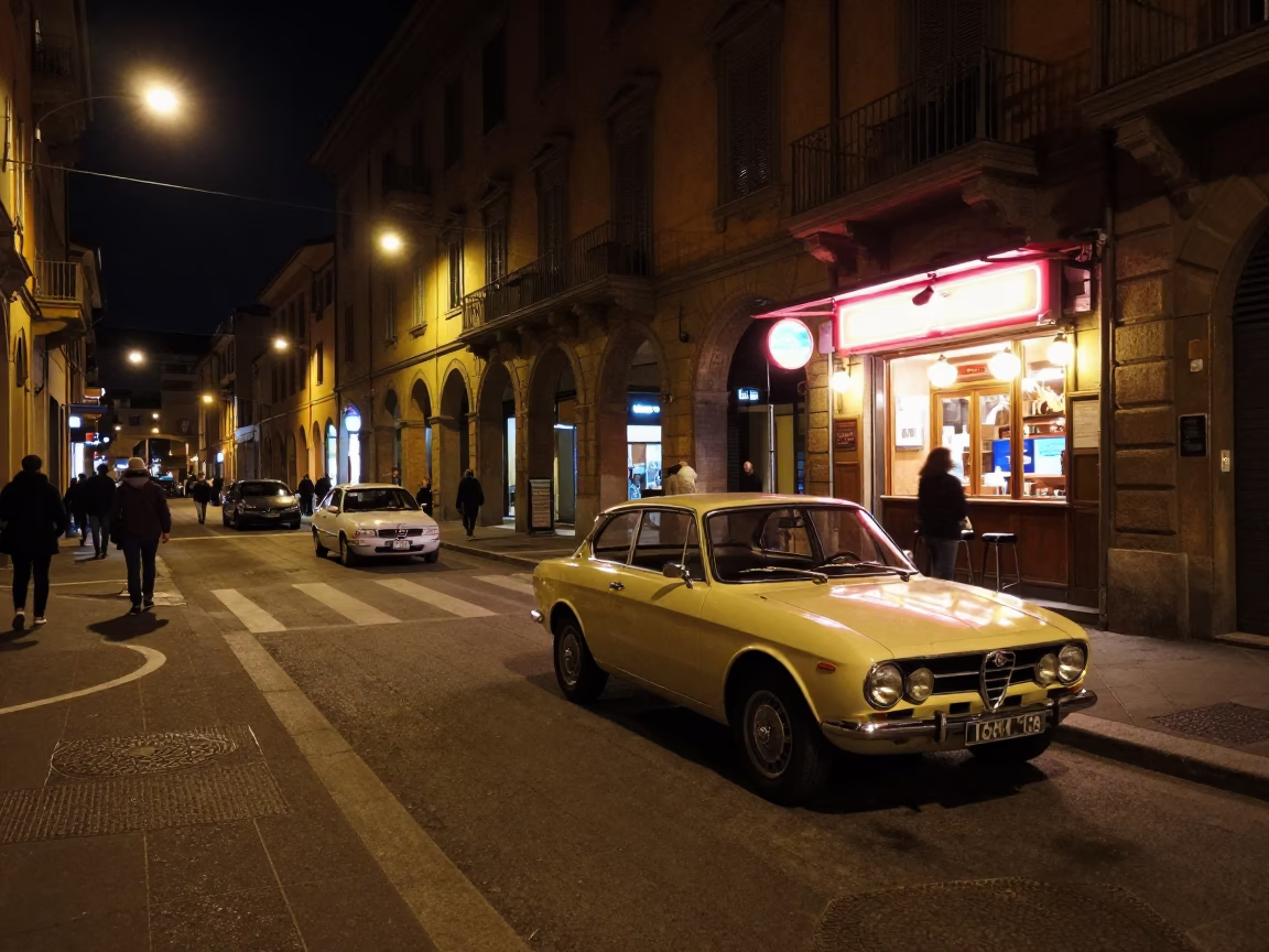 Late Night Bologna Street Scene with Vintage 1980s Car and Neon Signs in in Bologna, Italy