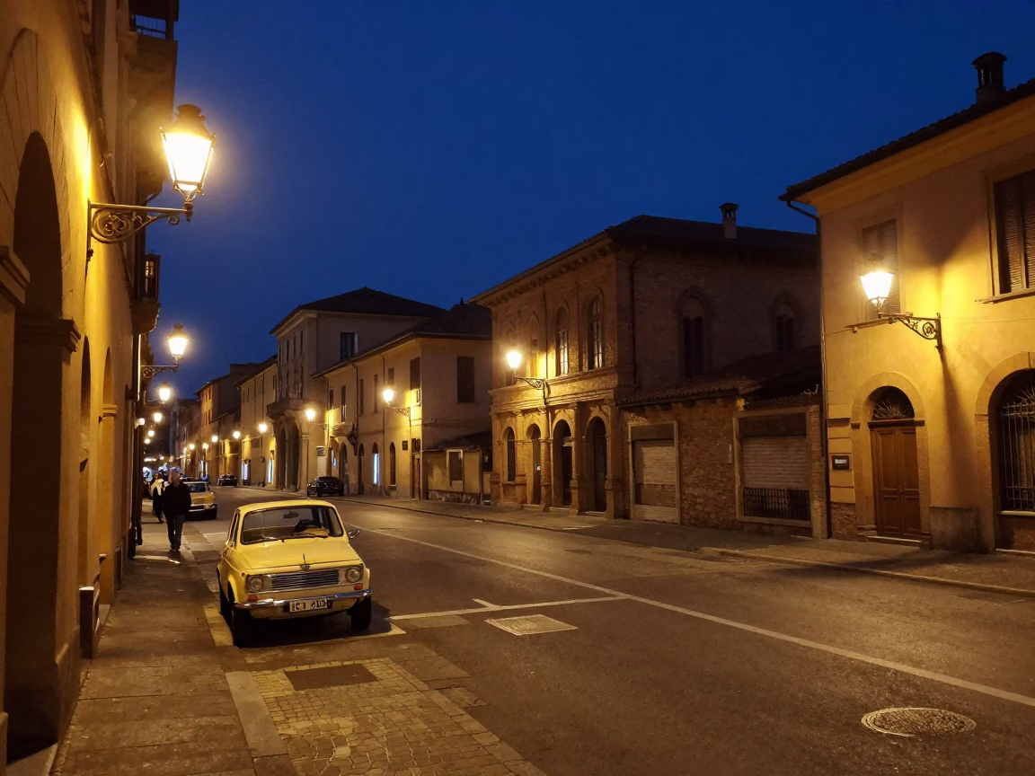 Late Night Bologna Street Scene with Vintage Car and Historic Architecture in in Bologna, Italy