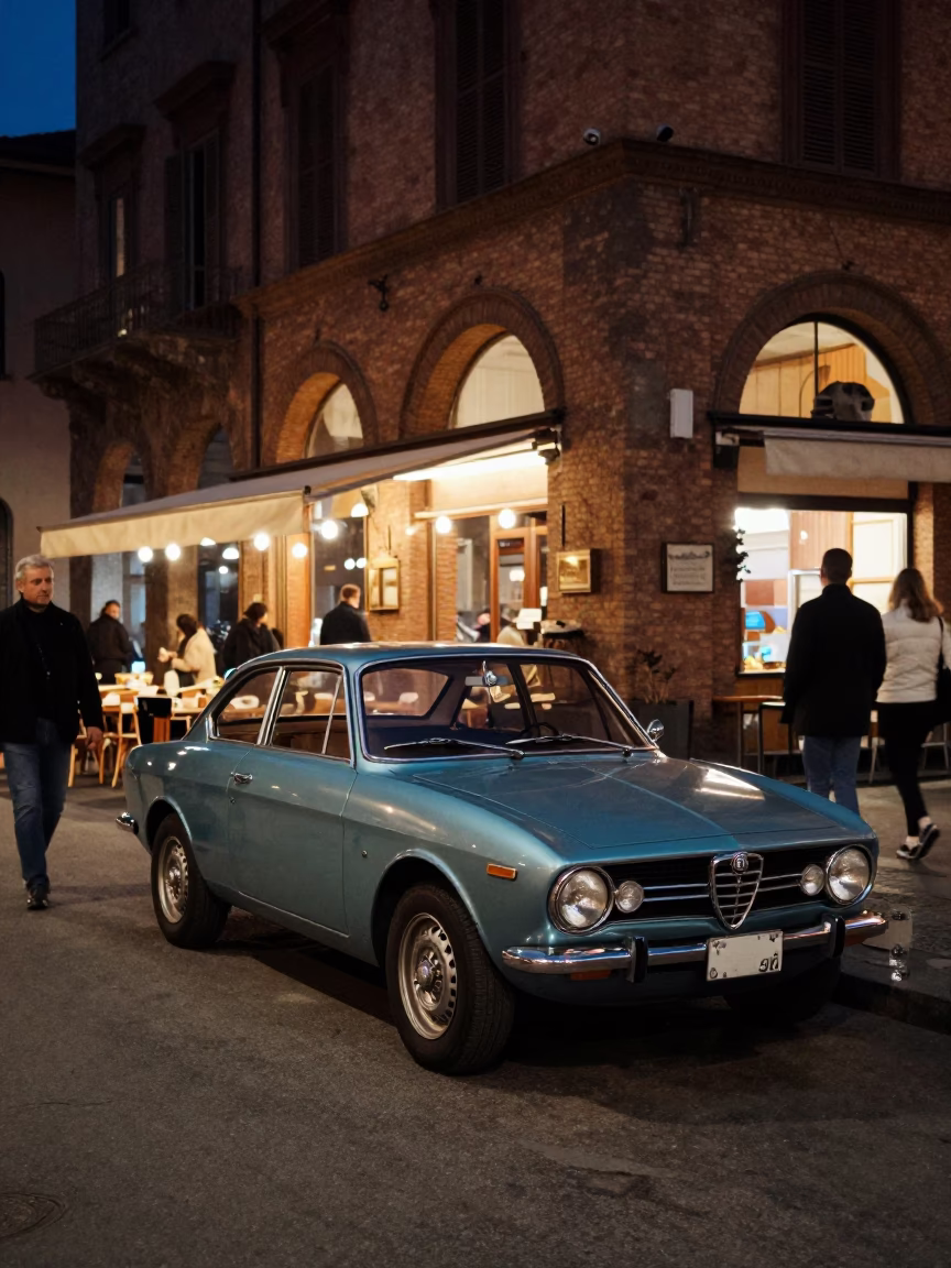 Late Night Bologna Street Scene with Vintage Car and Warm Neon Lights in in Bologna, Italy