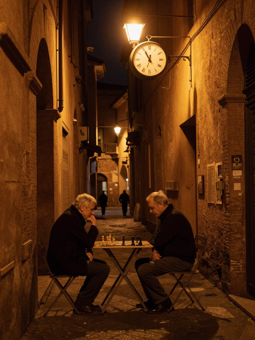 Late Night Bologna Street Scene with Vintage Clock and Urban Details in in Bologna, Italy