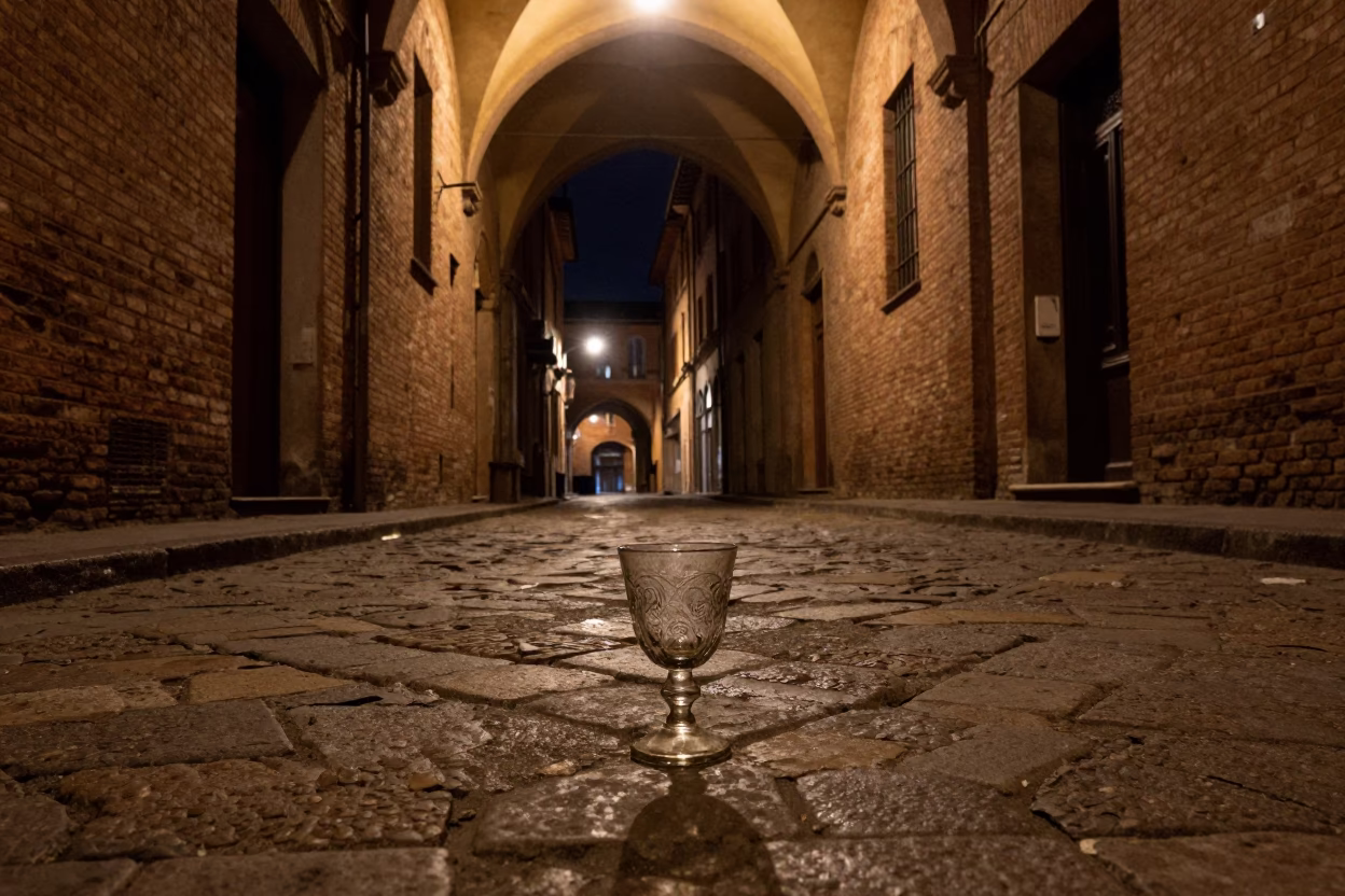 Late Night Bologna Street Scene with Vintage Goblet on Cobblestones in in Bologna, Italy
