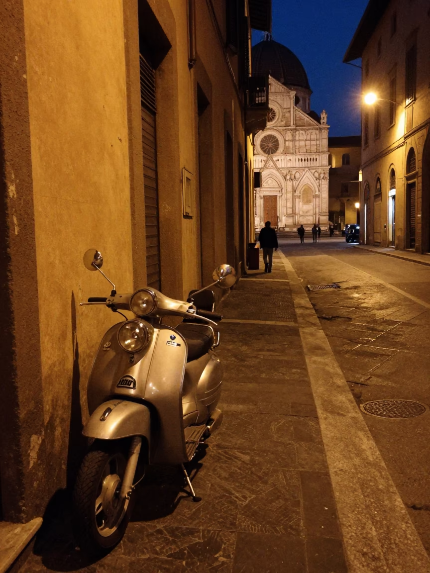 Late Night Bologna Street Scene with Vintage Motorcycle and Hinged Gate in in Bologna, Italy