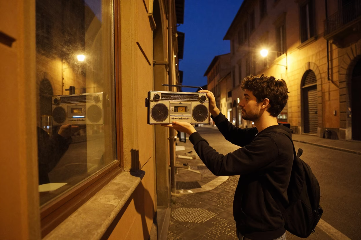 Late Night Bologna Street Scene with Vintage Radio and Step Ladder in in Bologna, Italy