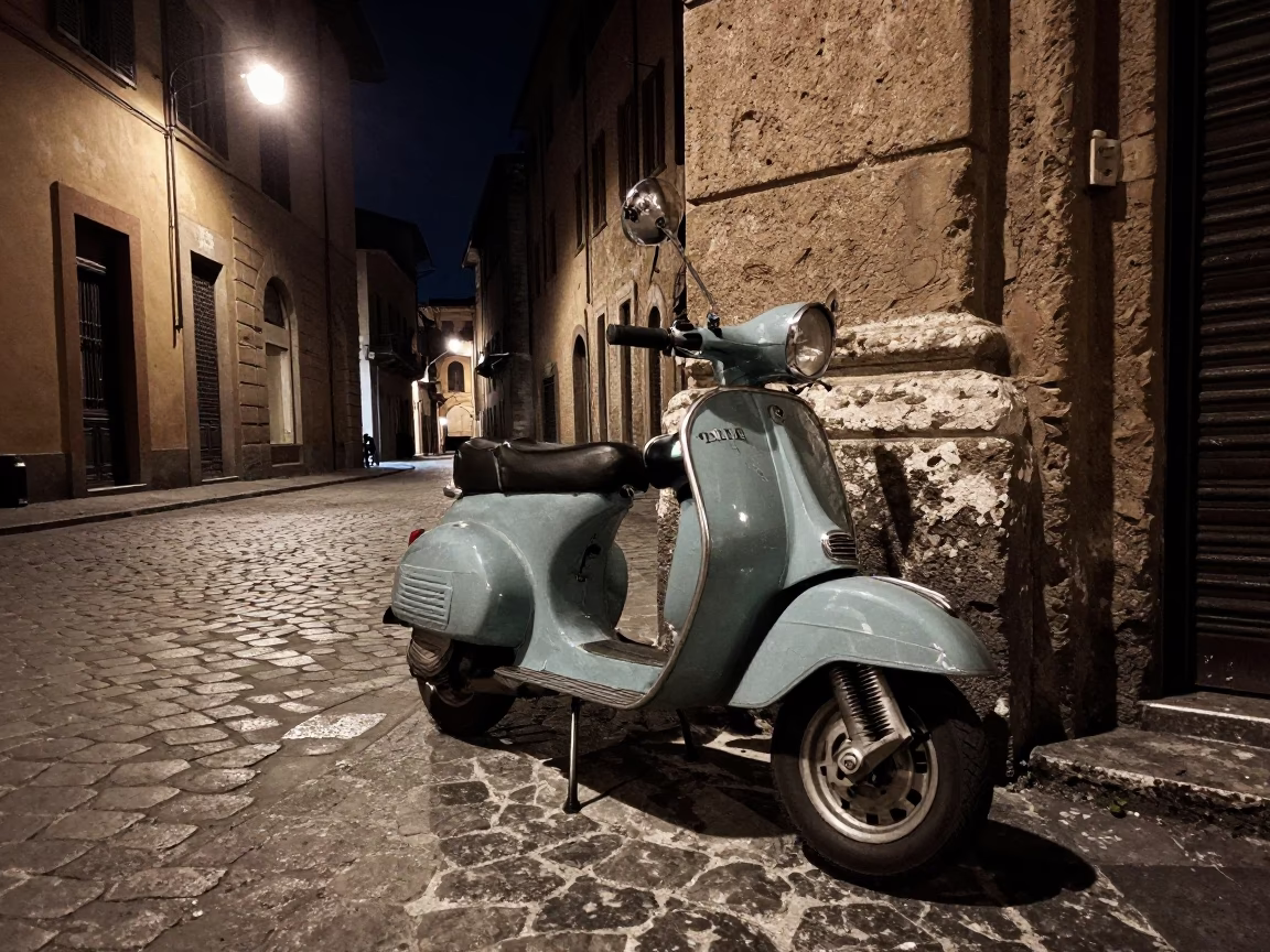 Late Night Bologna Street Scene with Vintage Scooter and Neon Cafe Lights in in Bologna, Italy