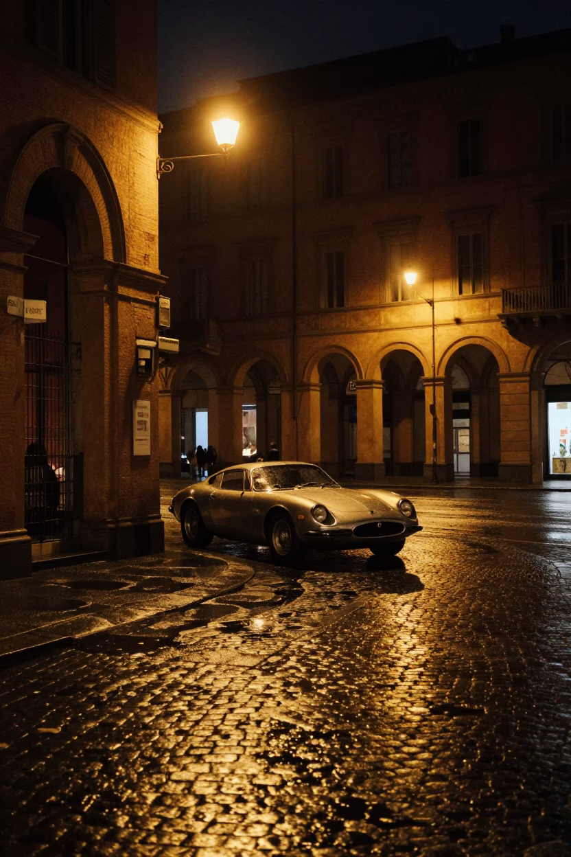 Late Night Bologna Street Scene with Vintage Sports Car and Ceramic Tiles in in Bologna, Italy