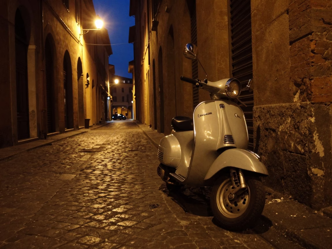 Late Night Bologna Street Scene with Vintage Vespa and Cobblestone Alleyway in in Bologna, Italy