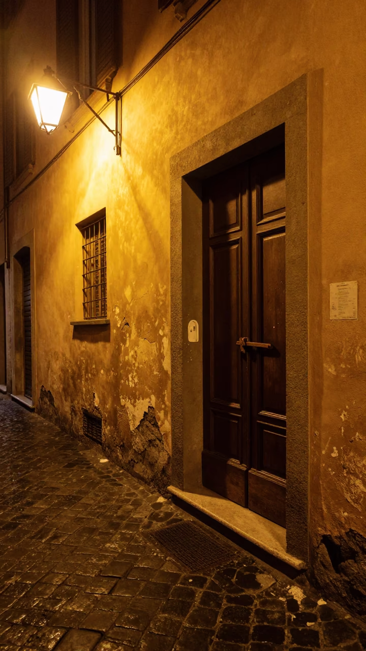 Late Night Bologna Street Scene with Window Light and Latch Details in in Bologna, Italy