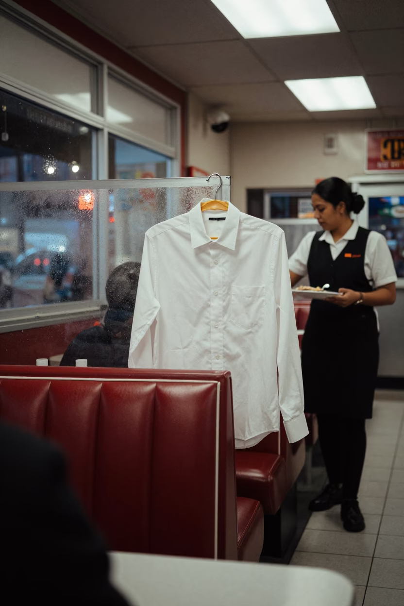 Late Night Boston Diner Interior with Grease Sheen and Shirt Hanger Candid Shot in in Boston, Massachusetts, United States