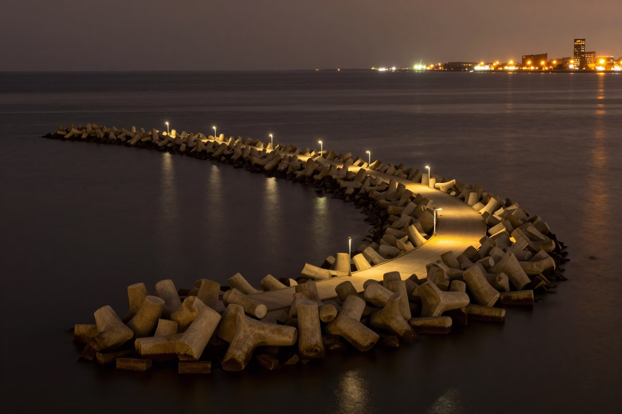 Late Night Boston Harbor Breakwater Spiral View with Urban Cityscape Reflections in in Boston, Massachusetts, United States