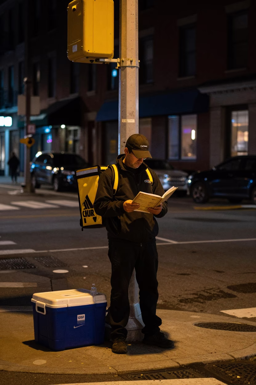 Late Night Boston Street Corner with Delivery Cooler and Address Book Under Streetlight in in Boston, Massachusetts, United States