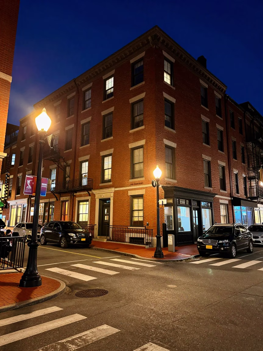 Late Night Boston Street Scene with Brick Facades and Urban Details in in Boston, Massachusetts, United States