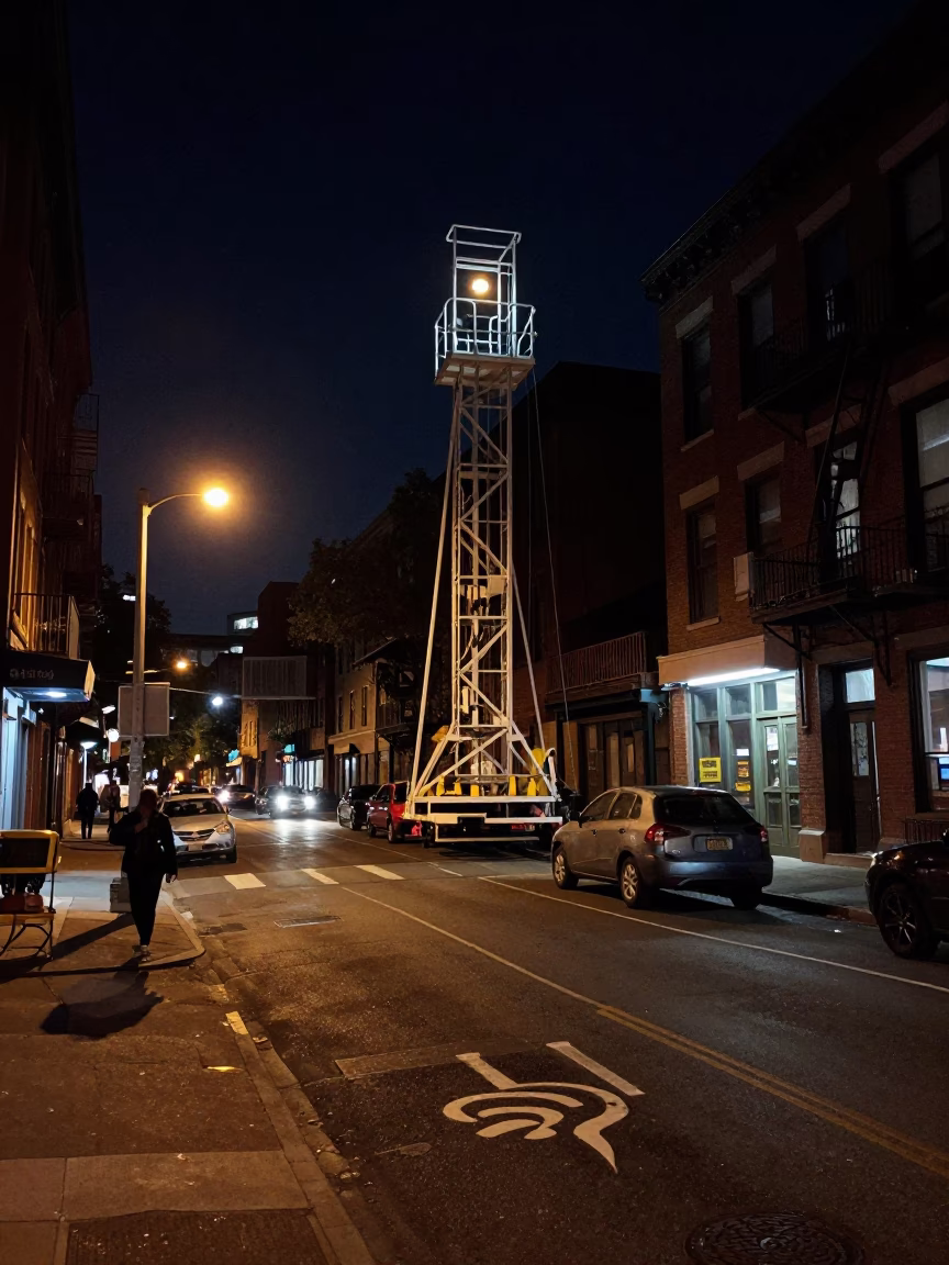 Late Night Boston Street Scene with Bridge Maintenance Cage and Urban Reflections in in Boston, Massachusetts, United States
