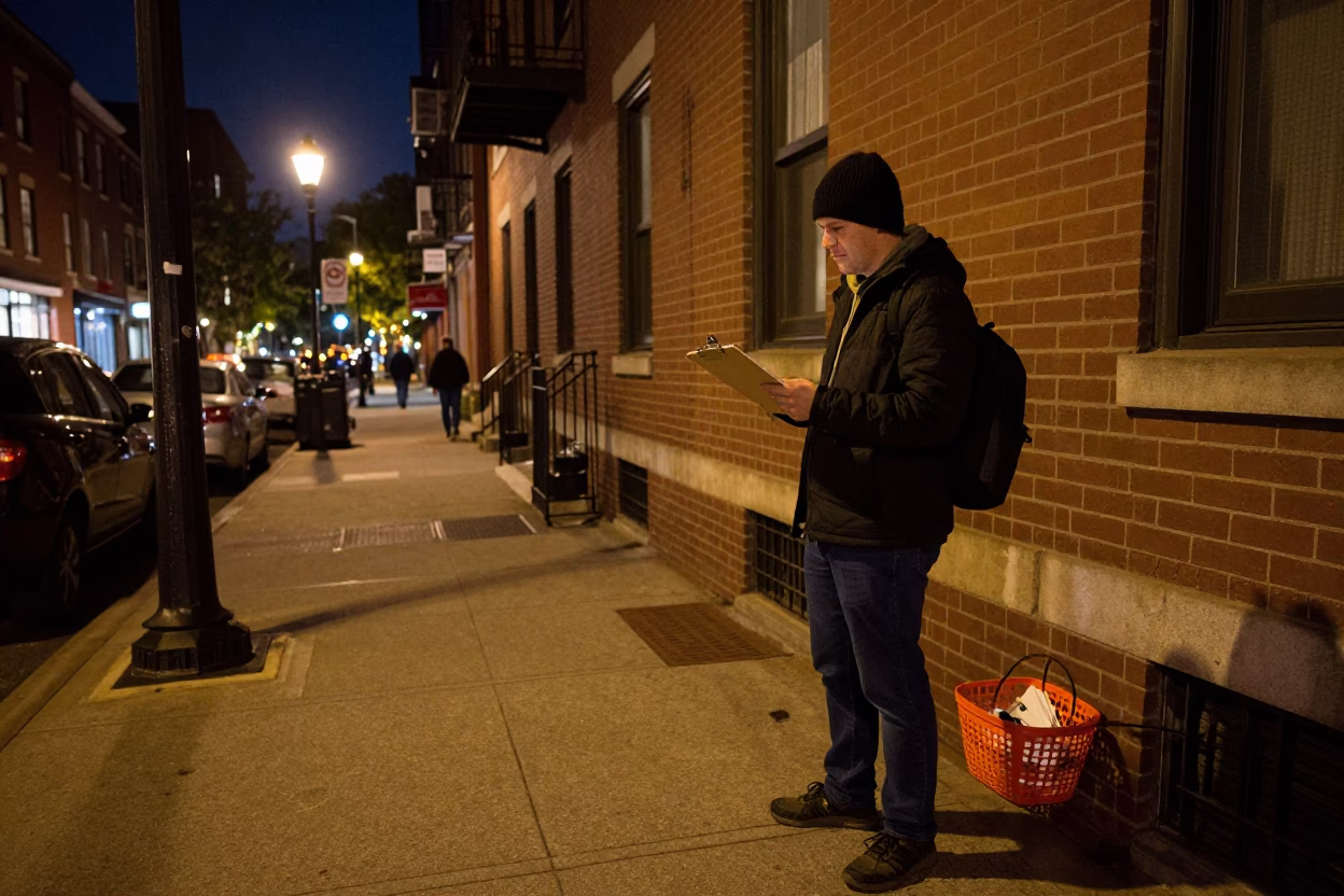 Late Night Boston Street Scene with Clipboard and Basket Near Historic District in in Boston, Massachusetts, United States