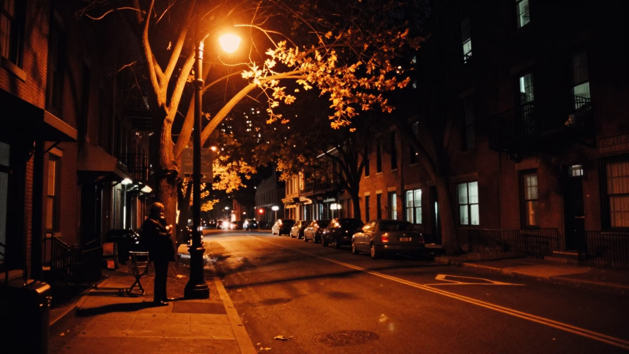 Late Night Boston Street Scene with Copper Beech Tree and Park Benches Under Streetlights in in Boston, Massachusetts, United States