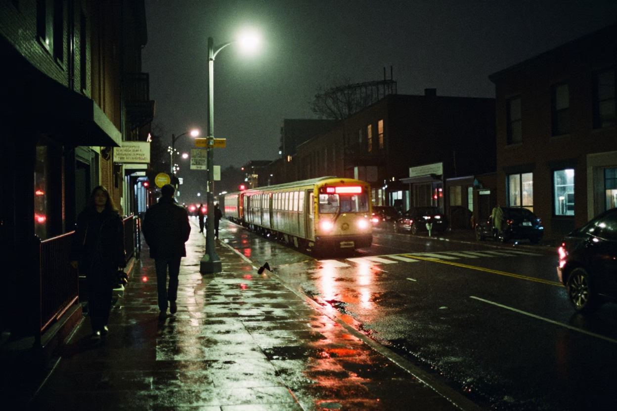 Late Night Boston Street Scene with Distant Subway Light and Wet Pavement Reflections in in Boston, Massachusetts, United States
