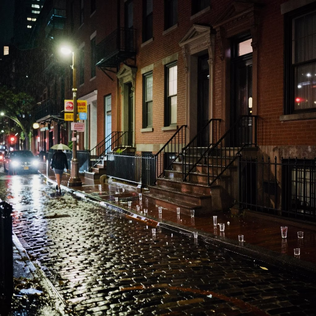 Late Night Boston Street Scene with Glass Tumblers and Ink Bottle in in Boston, Massachusetts, United States