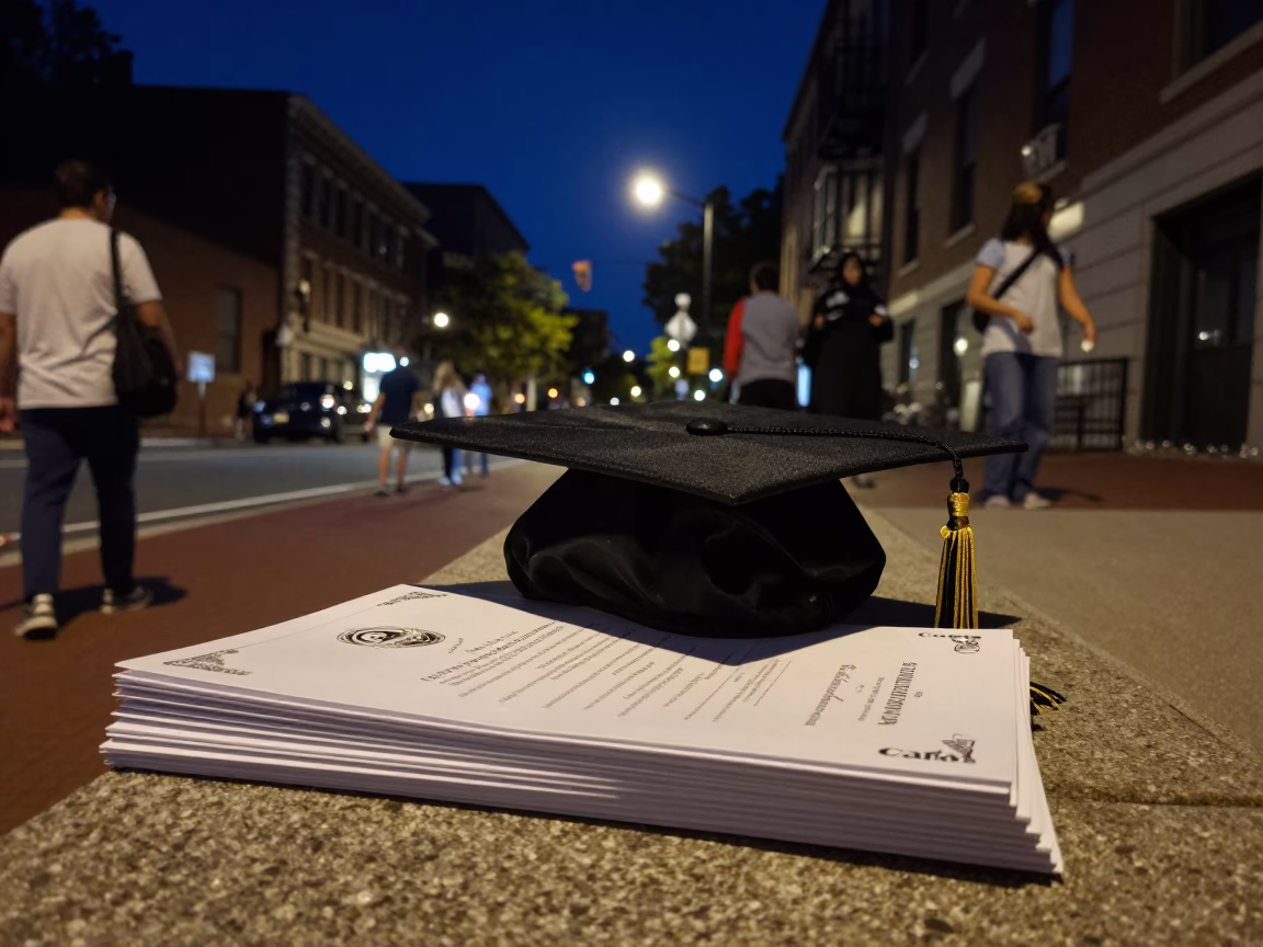 Late Night Boston Street Scene with Graduation Cap and Brooms Under Deep Night Sky in in Boston, Massachusetts, United States