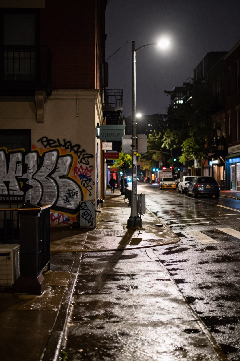 Late Night Boston Street Scene with Graffiti and City Lights in in Boston, Massachusetts, United States