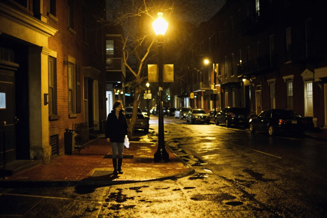 Late Night Boston Street Scene with Icebreaker Model and Brass Pot Lid in in Boston, Massachusetts, United States