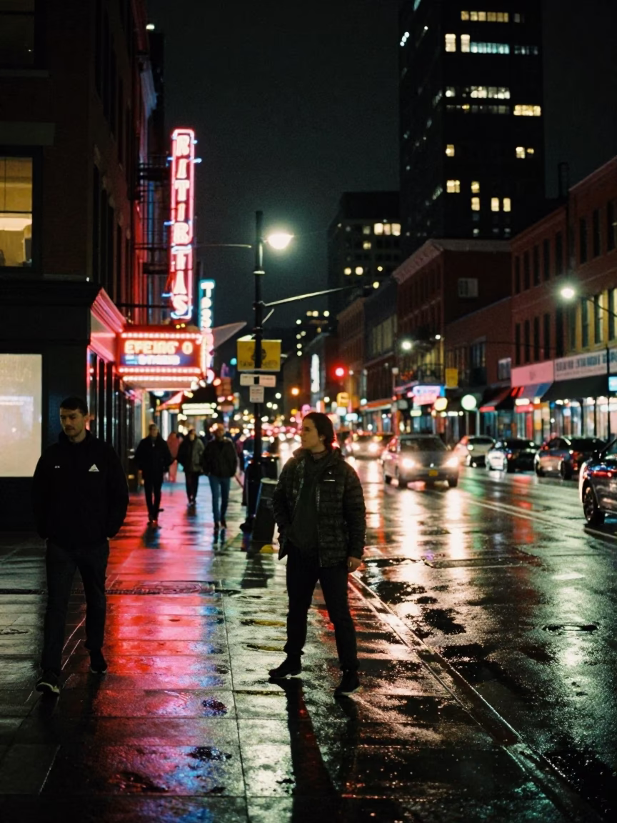 Late Night Boston Street Scene with Neon Lights and Urban Activity in in Boston, Massachusetts, United States