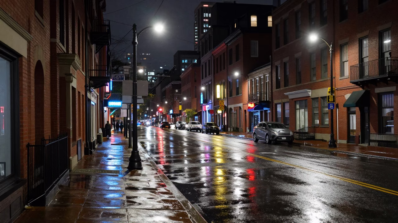 Late Night Boston Street Scene with Neon Reflections and City Architecture in in Boston, Massachusetts, United States