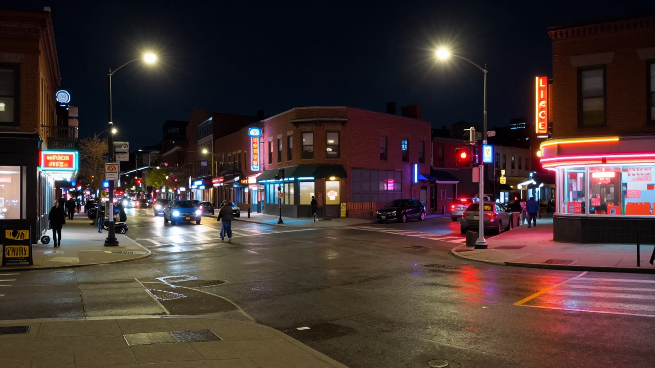 Late Night Boston Street Scene with Neon Reflections and Urban Activity in in Boston, Massachusetts, United States