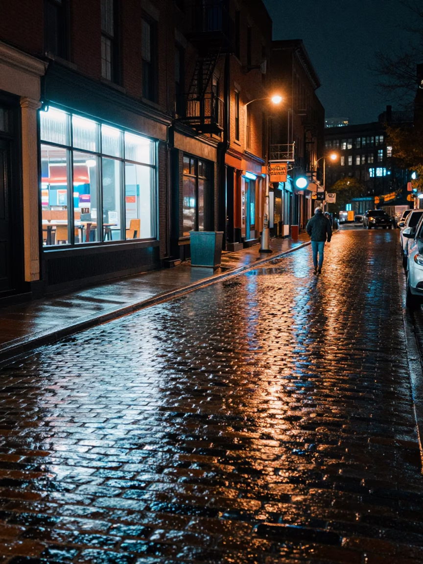 Late Night Boston Street Scene with Neon Reflections and Urban Details in in Boston, Massachusetts, United States