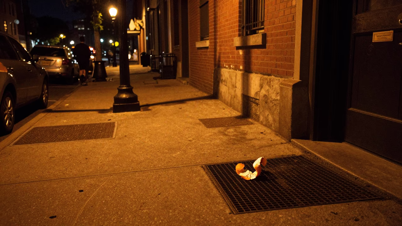 Late Night Boston Street Scene with Orange Peel and Pocket Watch in in Boston, Massachusetts, United States