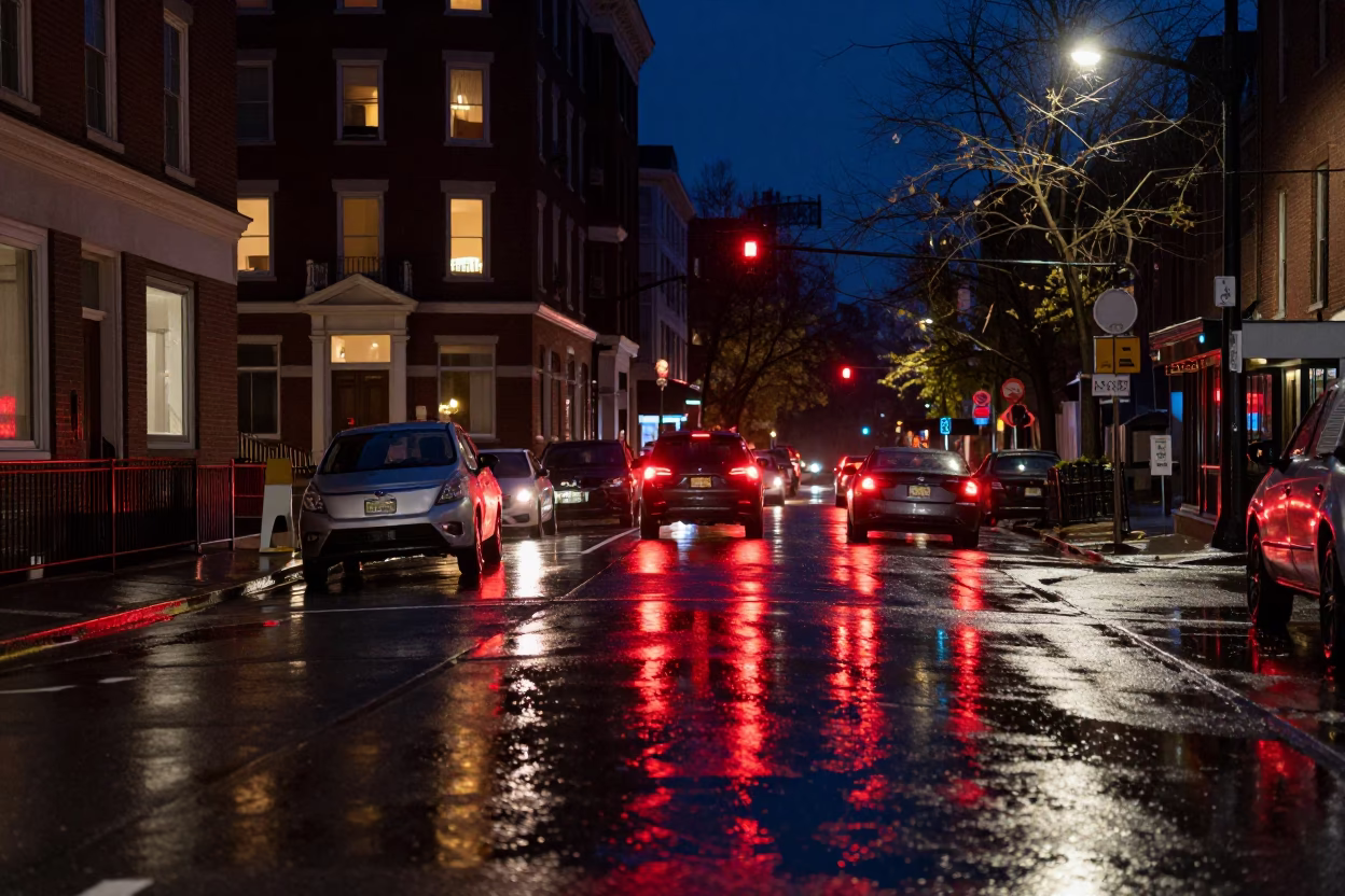 Late Night Boston Street Scene with Puddle Reflections of Hotel Windows and Tail Lights in in Boston, Massachusetts, United States