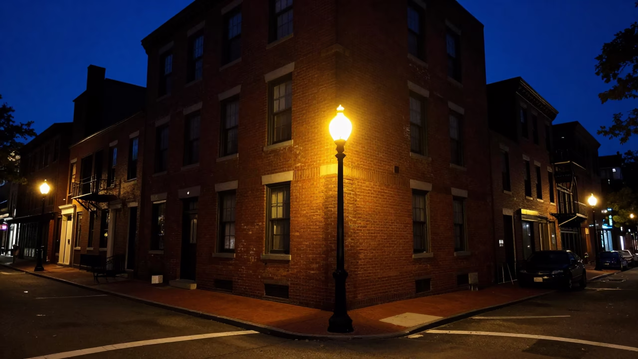 Late Night Boston Street Scene with Red Brick Architecture and Umbrellas in in Boston, Massachusetts, United States