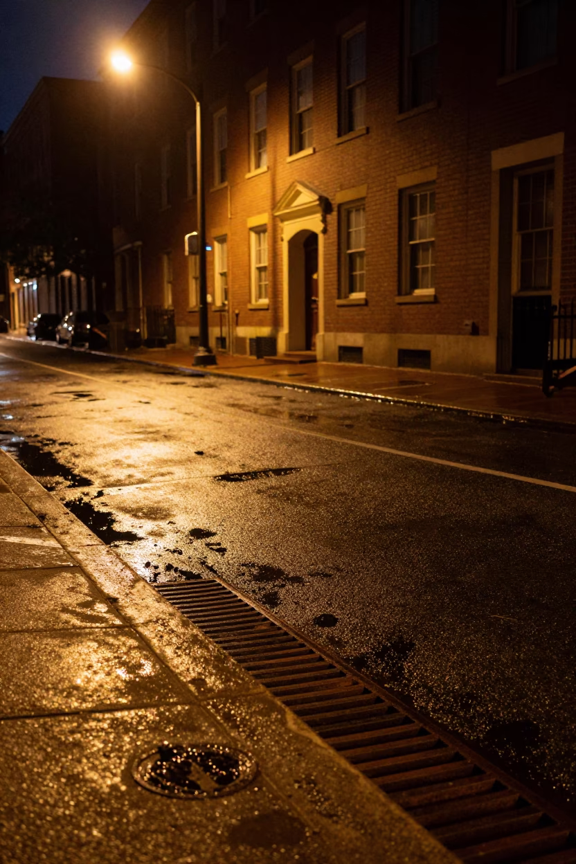 Late Night Boston Street Scene with Rust Drain and Lockbox Detail in in Boston, Massachusetts, United States