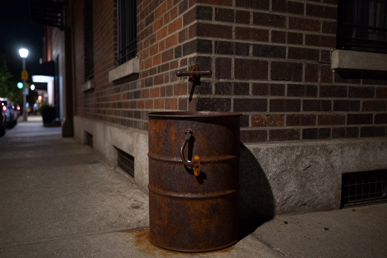 Late Night Boston Street Scene with Rusty Bucket and Gate Handle in in Boston, Massachusetts, United States