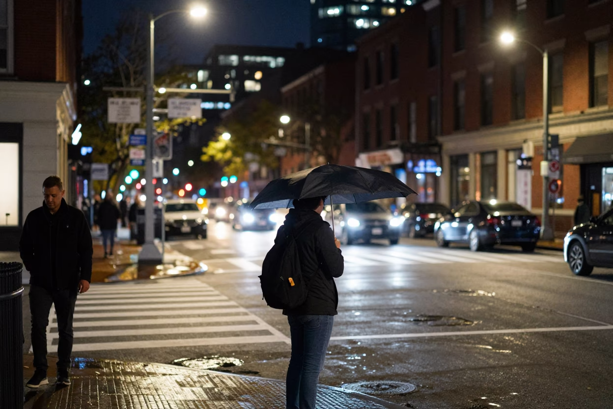 Late Night Boston Street Scene with Umbrella and Urban Nightlife in in Boston, Massachusetts, United States