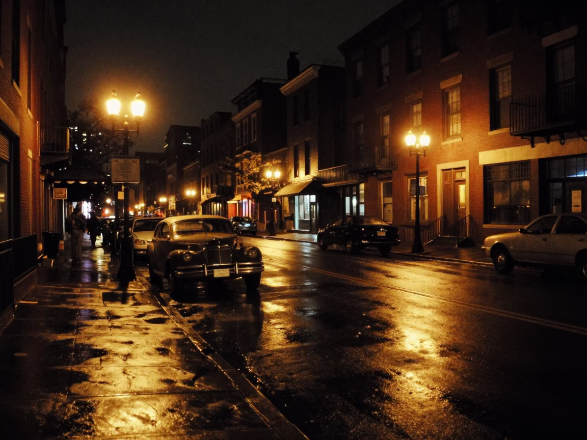 Late Night Boston Street Scene with Vintage Car and City Lights in in Boston, Massachusetts, United States