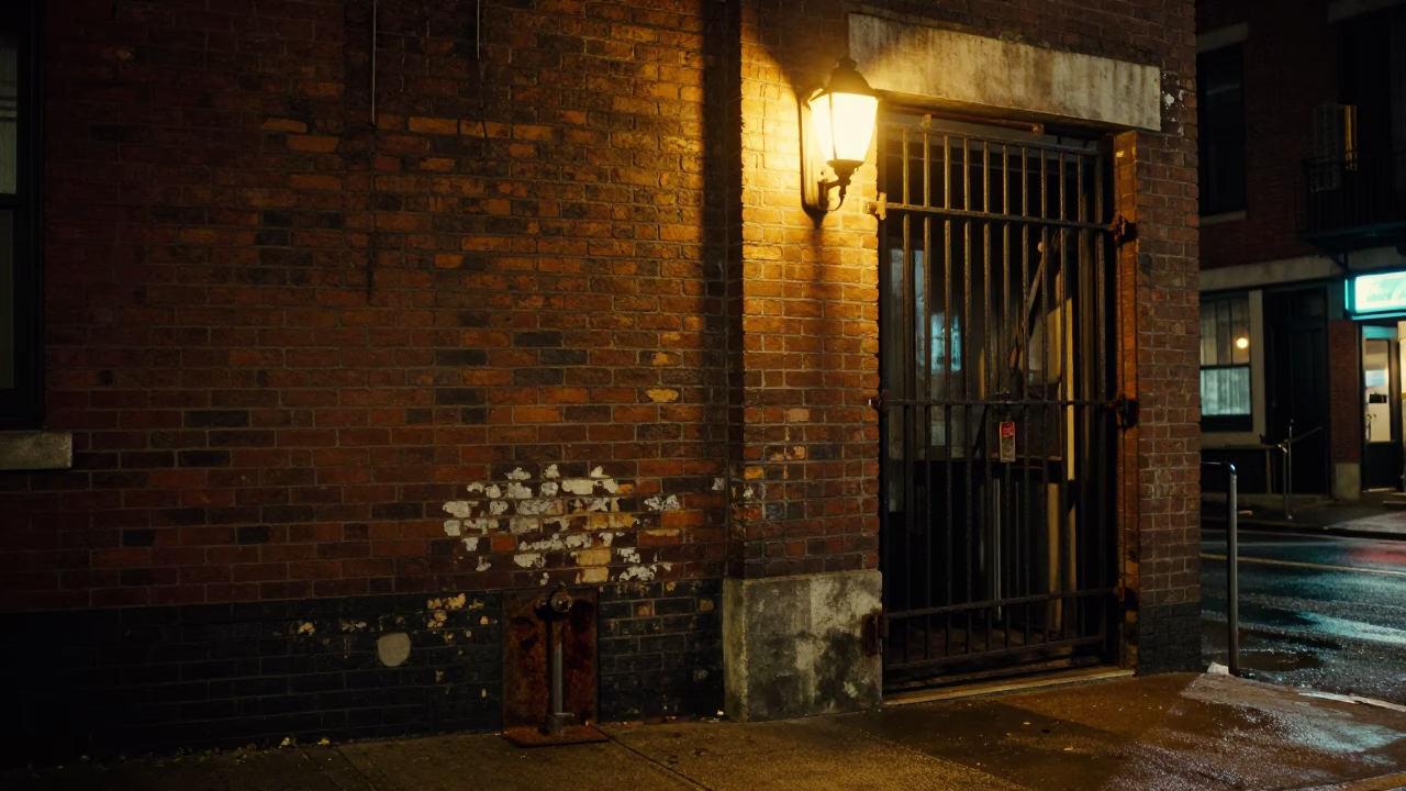 Late Night Boston Street Scene with Vintage Neon and Urban Decay in in Boston, Massachusetts, United States