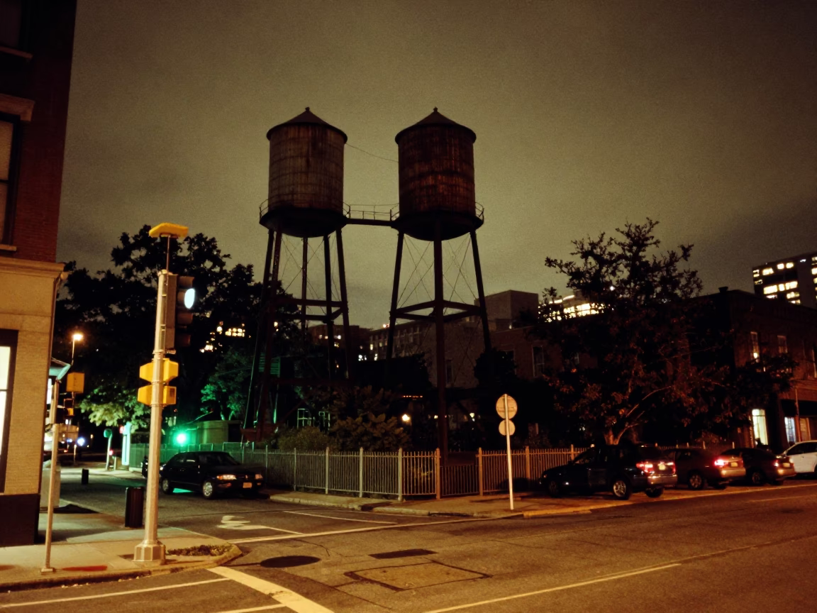 Late Night Boston Street Scene with Water Tower and Bridge Maintenance Cradle in in Boston, Massachusetts, United States